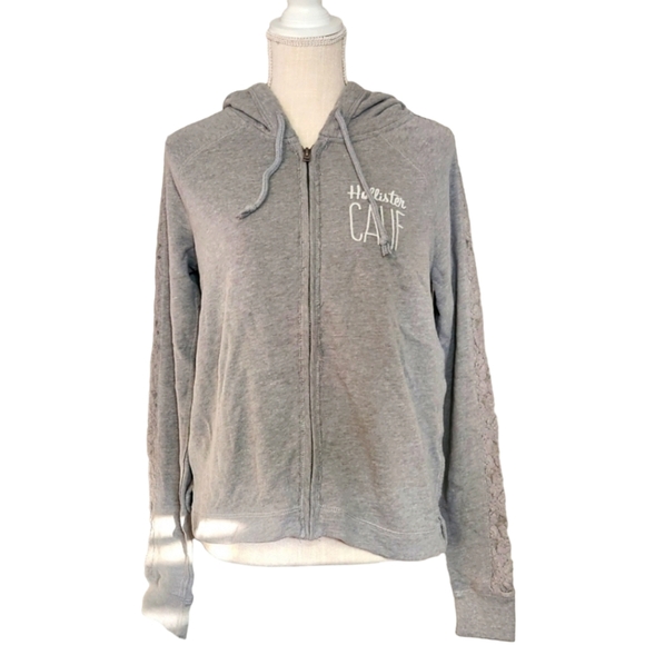 Hollister Zip Up Hoodie Gray Lace Trim Hooded Sweatshirt Size M - Picture 1 of 7